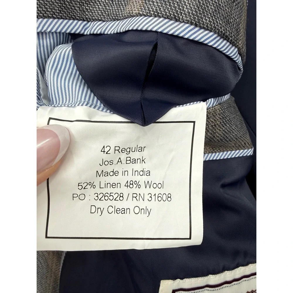 Jo A Bank Blazer Mens 42R Gray Beige Plaid Linen Wool Brrr Sport‎ Coat